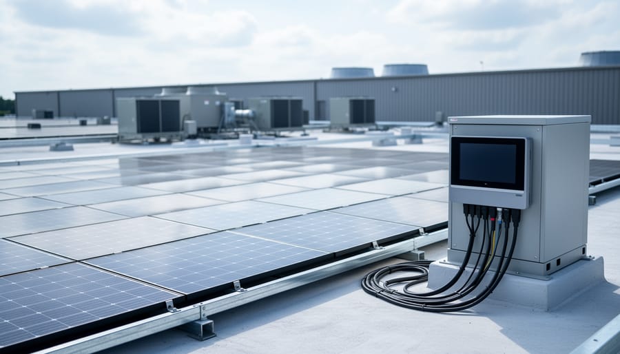 Rooftop solar panels and a modular battery storage cabinet integrated with onsite energy monitoring at a modern commercial facility.