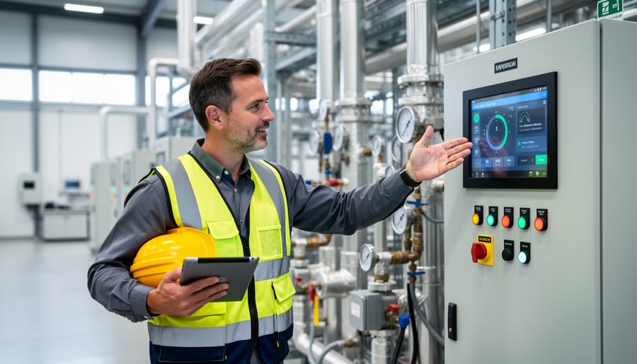 Energy specialist near a battery control cabinet in an industrial utility room