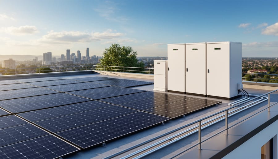 Solar panels and a battery storage cabinet on a commercial rooftop at dawn