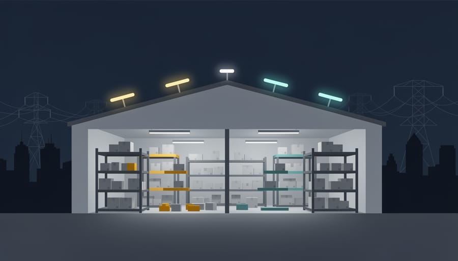 Illuminated warehouse loading bay at night with visible energy storage equipment silhouette