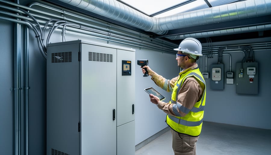 An energy auditor in a commercial building uses a thermal camera and tablet to inspect a solar inverter cabinet and battery storage system.