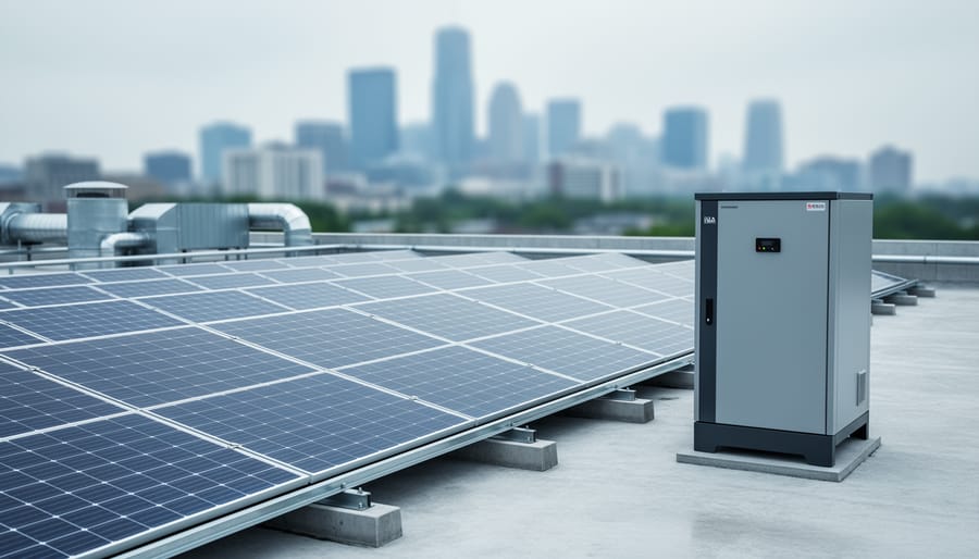Rooftop solar panels and a nearby battery energy storage cabinet on a commercial building under soft overcast daylight.