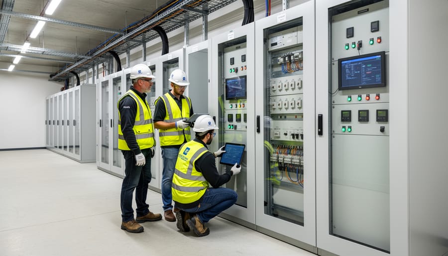 Energy audit technicians inspecting a wall-mounted battery storage cabinet in a commercial electrical room