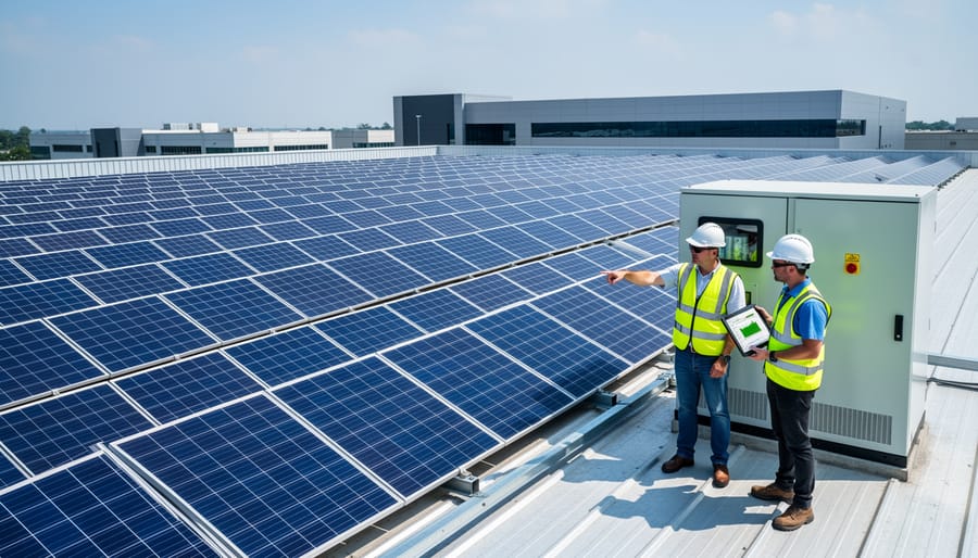 Rooftop solar panels on a commercial building with visible inverter housings and cabling