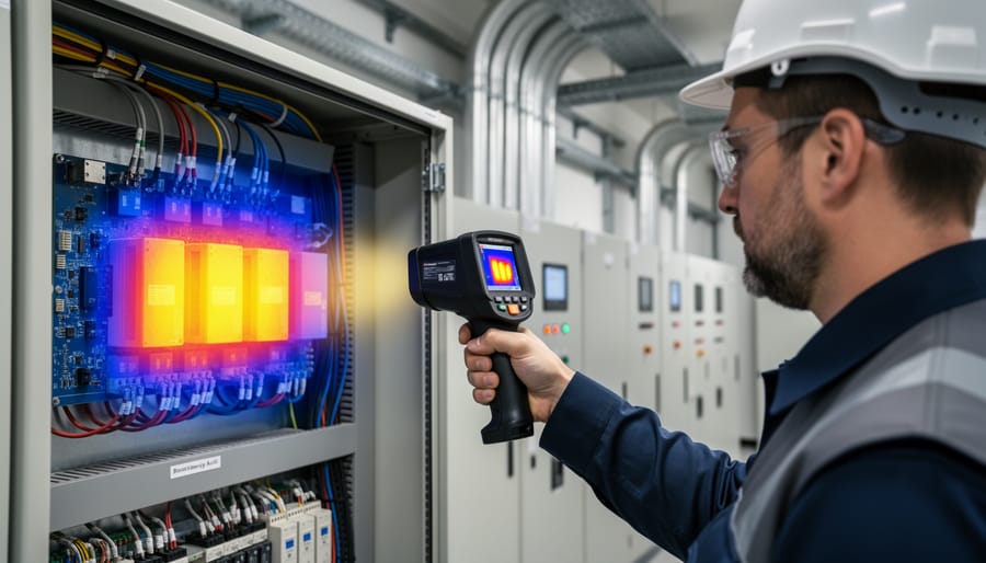 Technician using a handheld thermal imaging camera to inspect an inverter connection during a commercial energy audit