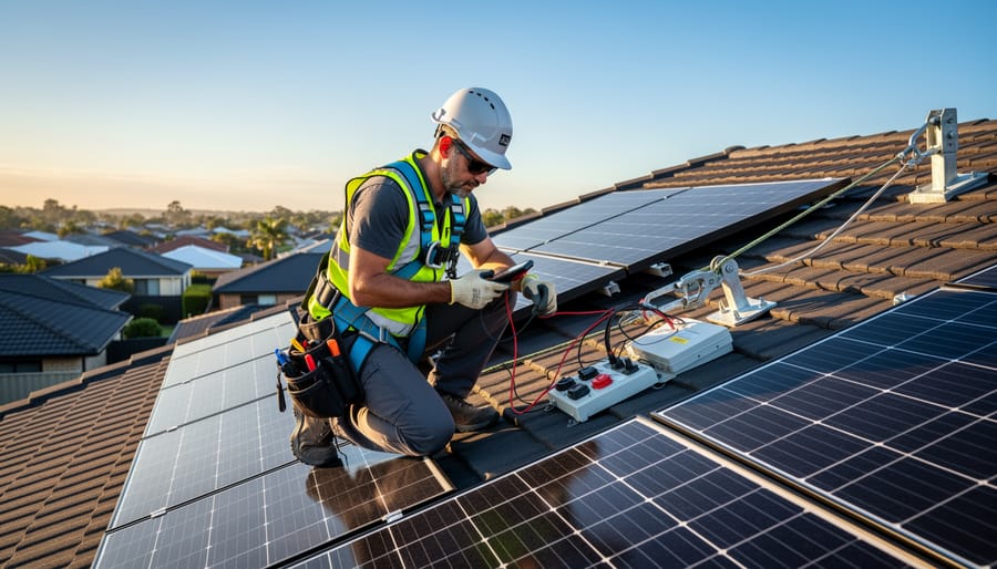 Technician wearing protective gear inspecting rooftop solar panels and nearby equipment