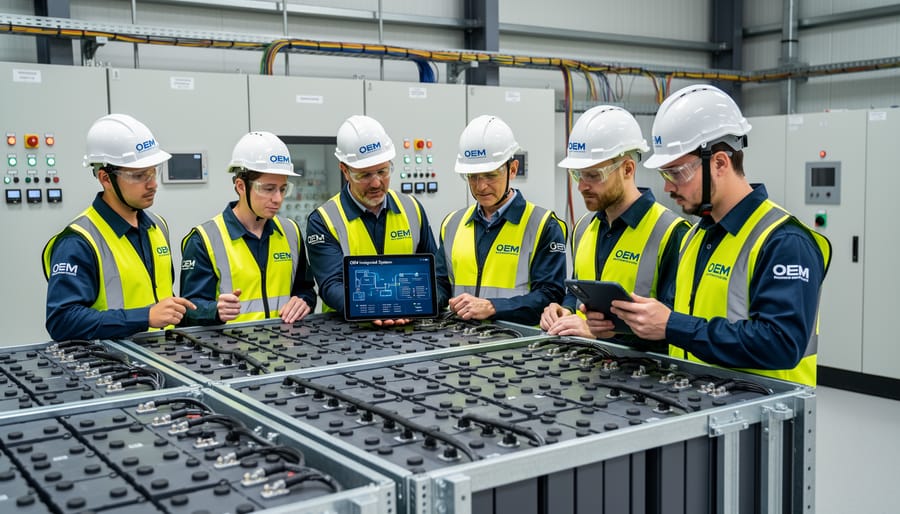 Installer team reviewing battery storage components inside an equipment enclosure