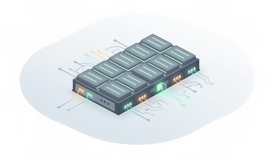Close-up of a battery rack module with indicator lights inside a service environment