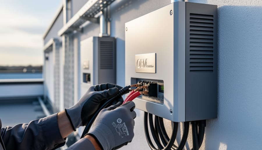 Gloved installer hands connecting power cables to a commercial battery storage cabinet and inverter under soft daylight.
