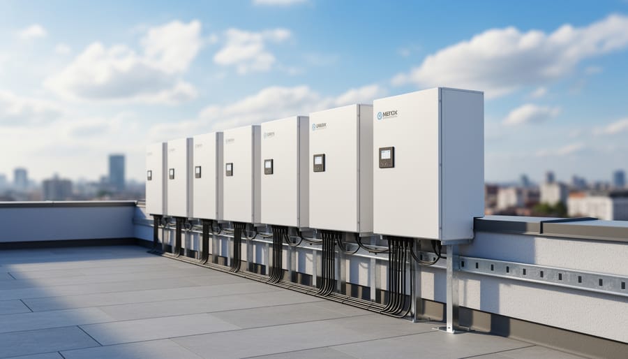 Rooftop battery storage cabinet and inverter hardware installed with clean electrical conduit routing