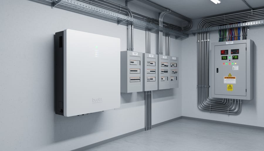 Battery storage cabinet installed in a commercial utility room for backup power