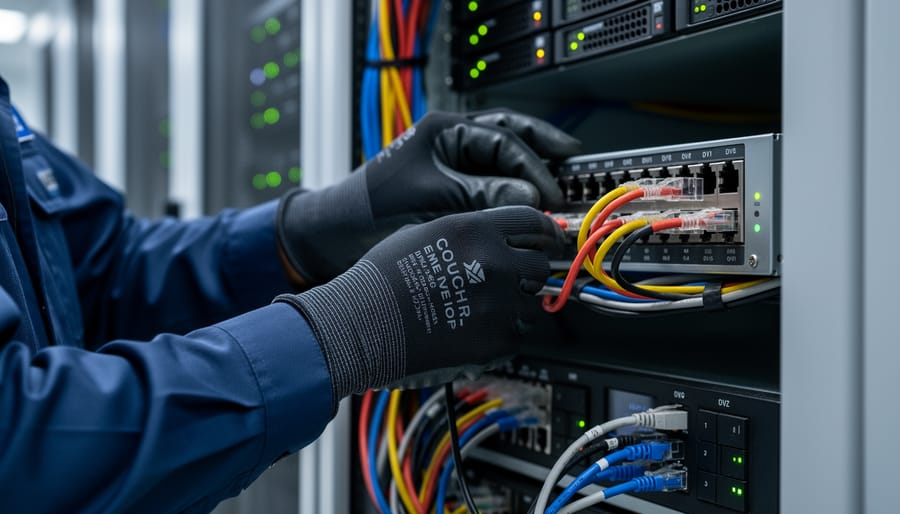 Electrician’s hands working safely inside an electrical panel connected to backup power equipment