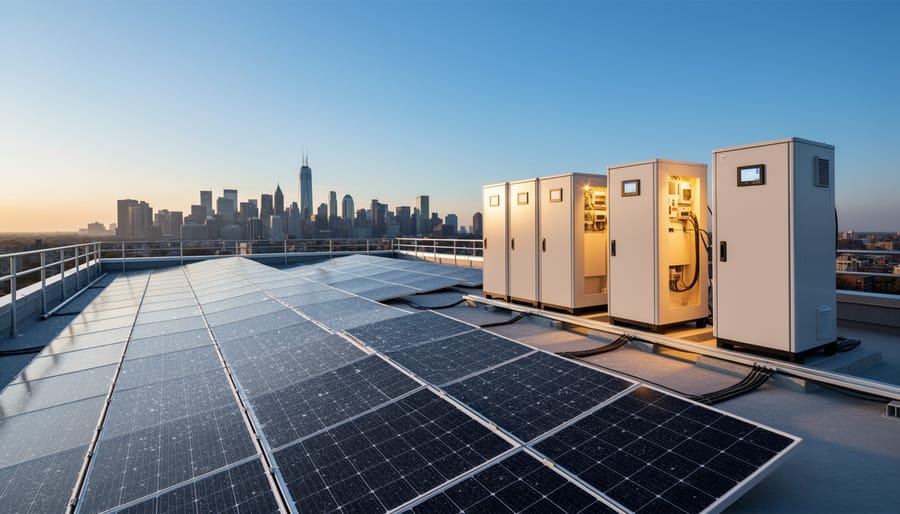 Rooftop solar panels with nearby battery storage enclosure at a commercial building