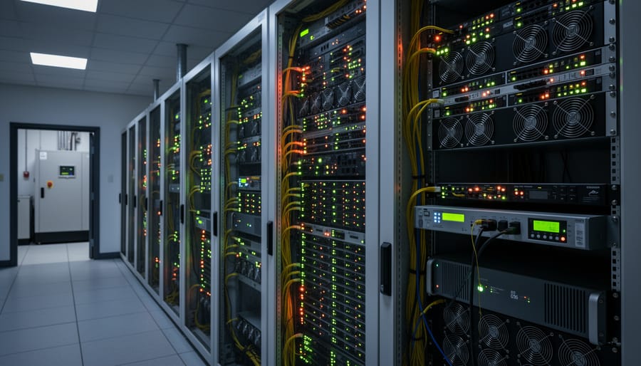 Server racks with active indicator lights in a business server room during backup operation