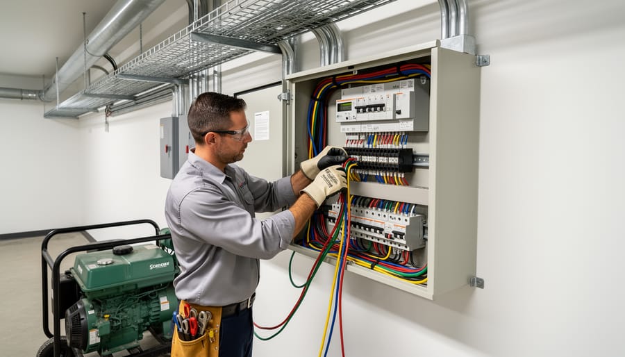 Electrician kneeling beside an open commercial electrical panel using insulated tools.