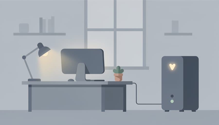 Small business owner in an office with a glowing lamp during an outage-like moment, laptop in foreground.