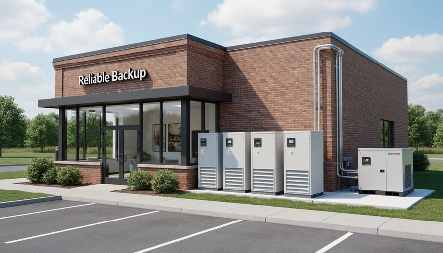 Small business storefront at dusk with a backup battery system cabinet mounted on the exterior wall.