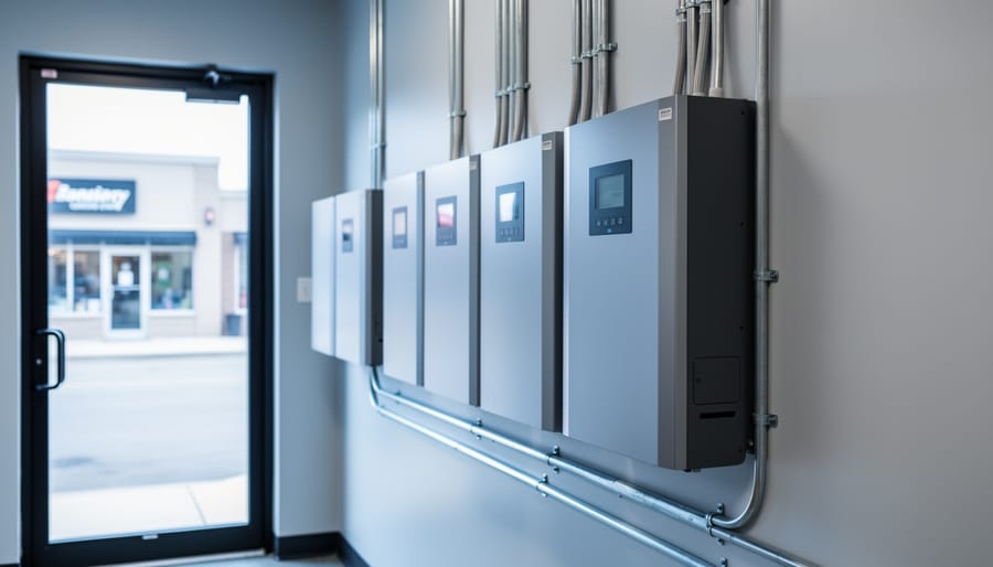 Modern wall-mounted battery backup system and power inverter equipment in a small business electrical room, with an office exterior softly visible in the background.