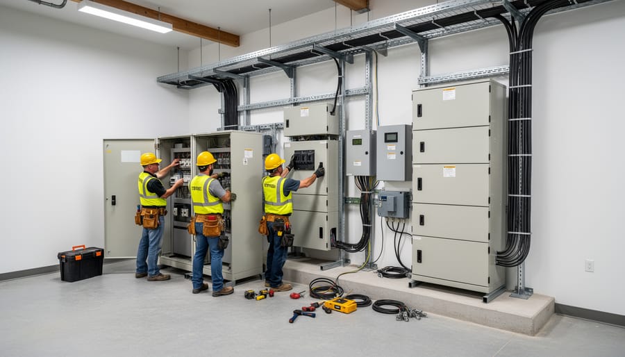 Technician mounting battery storage modules near solar equipment at an outdoor service area.